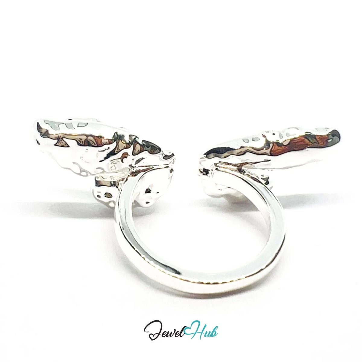 Winged Silver Ring | Hallmarked 925 Nature - Inspired Statement Band | Sculptural Leaf Design in Sizes M–O - JewelHub.co.uk