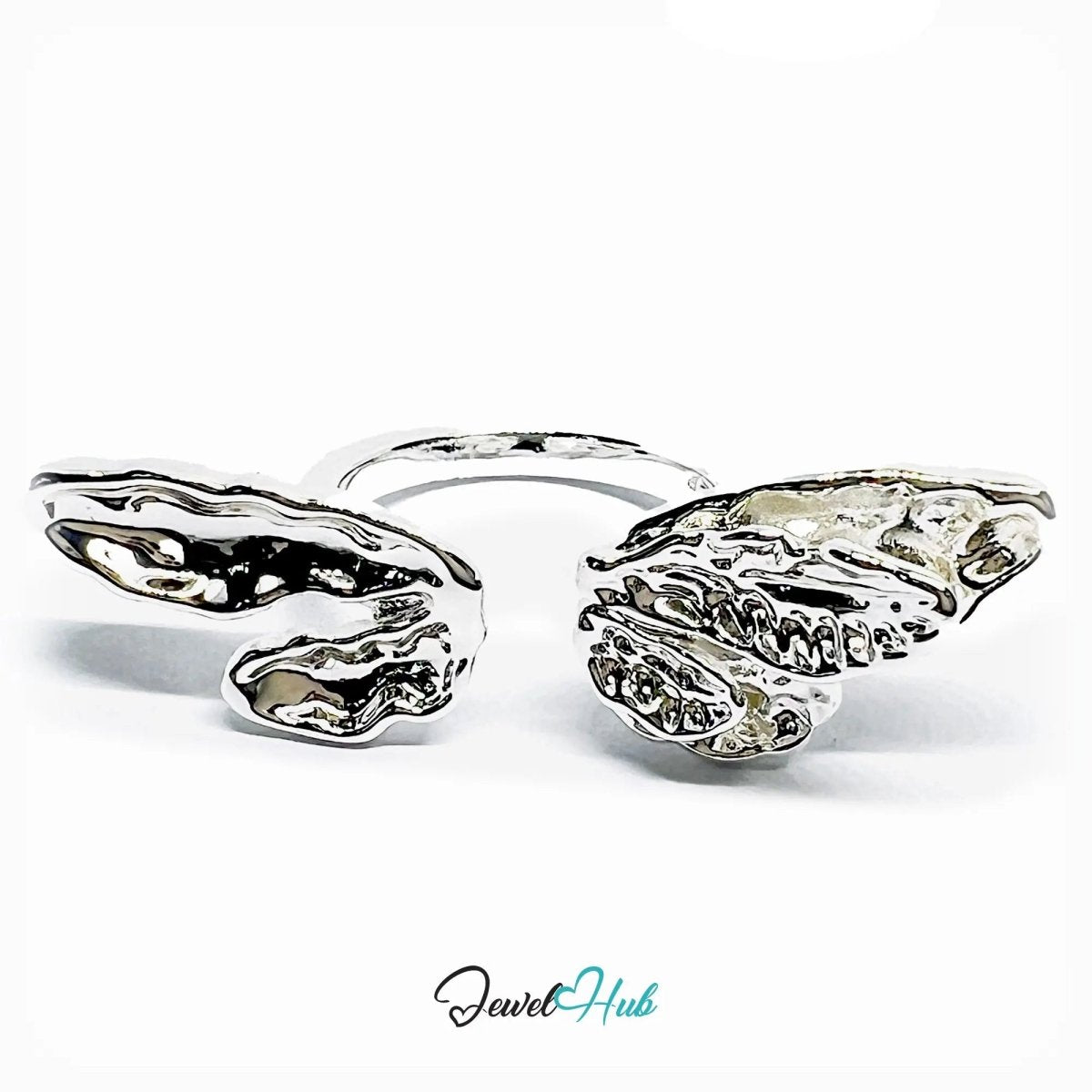 Winged Silver Ring | Hallmarked 925 Nature - Inspired Statement Band | Sculptural Leaf Design in Sizes M–O - JewelHub.co.uk