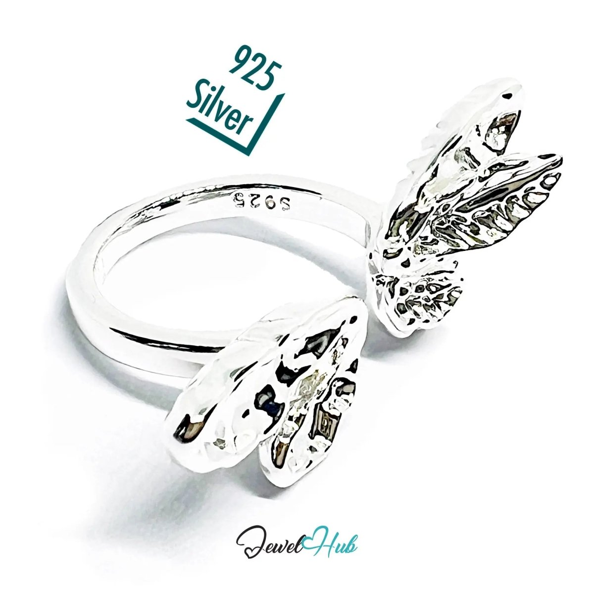 Winged Silver Ring | Hallmarked 925 Nature - Inspired Statement Band | Sculptural Leaf Design in Sizes M–O - JewelHub.co.uk