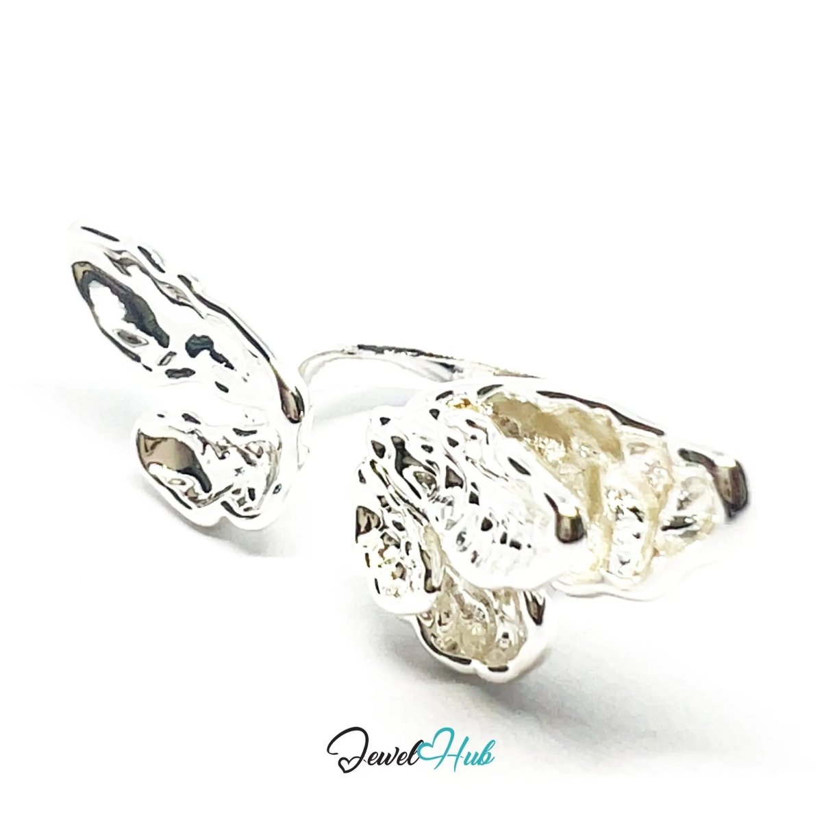 Winged Silver Ring | Hallmarked 925 Nature - Inspired Statement Band | Sculptural Leaf Design in Sizes M–O - JewelHub.co.uk