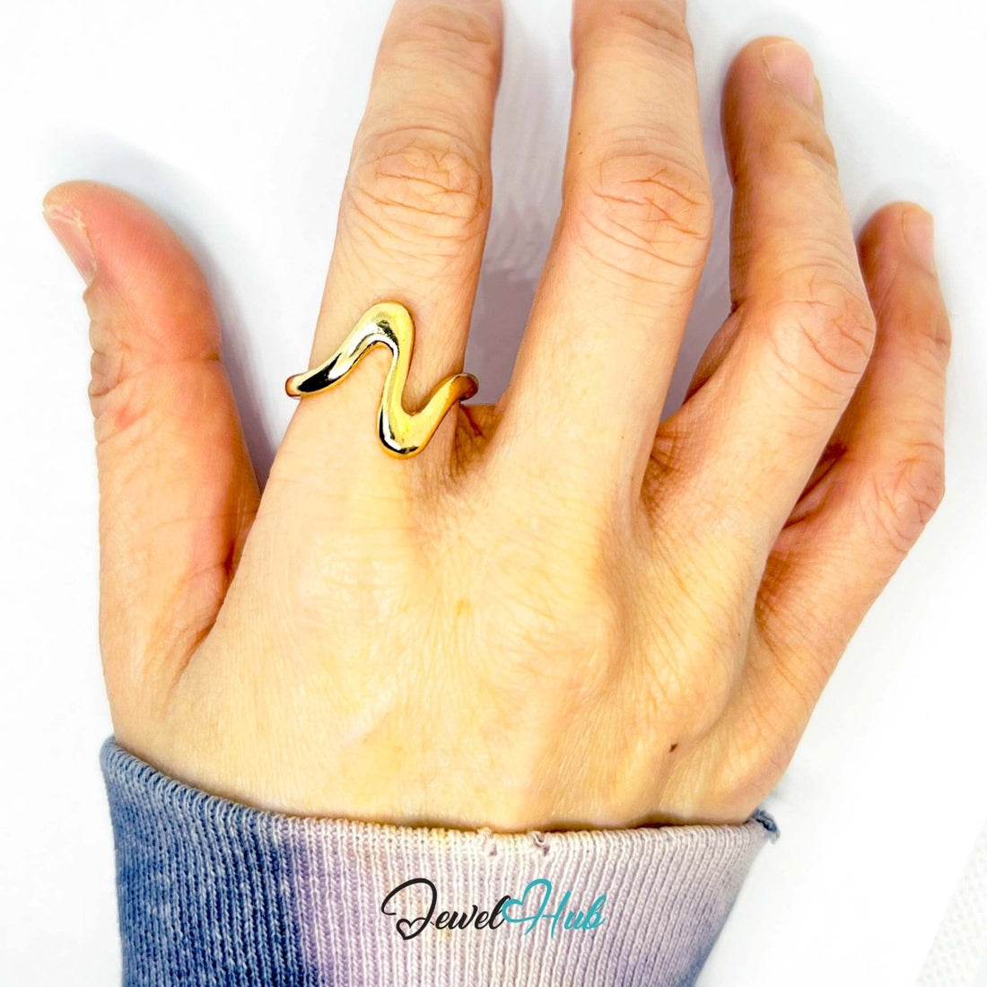 Zinc Gold Plated Zigzag Ring 💛 Waveform · UK L · US 6 · Sculptural Minimalism - JewelHub.co.uk