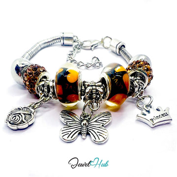 Zinc Alloy Amber Duo Bead Butterfly Rose Crown Charm Bracelet 18 - 22cm - JewelHub.co.uk