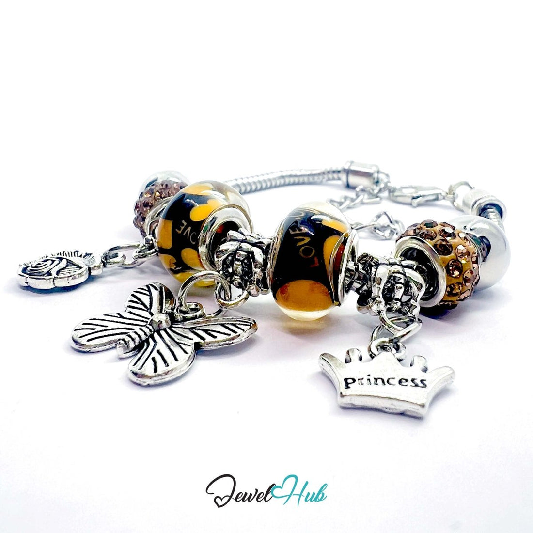 Zinc Alloy Amber Duo Bead Butterfly Rose Crown Charm Bracelet 18 - 22cm - JewelHub.co.uk