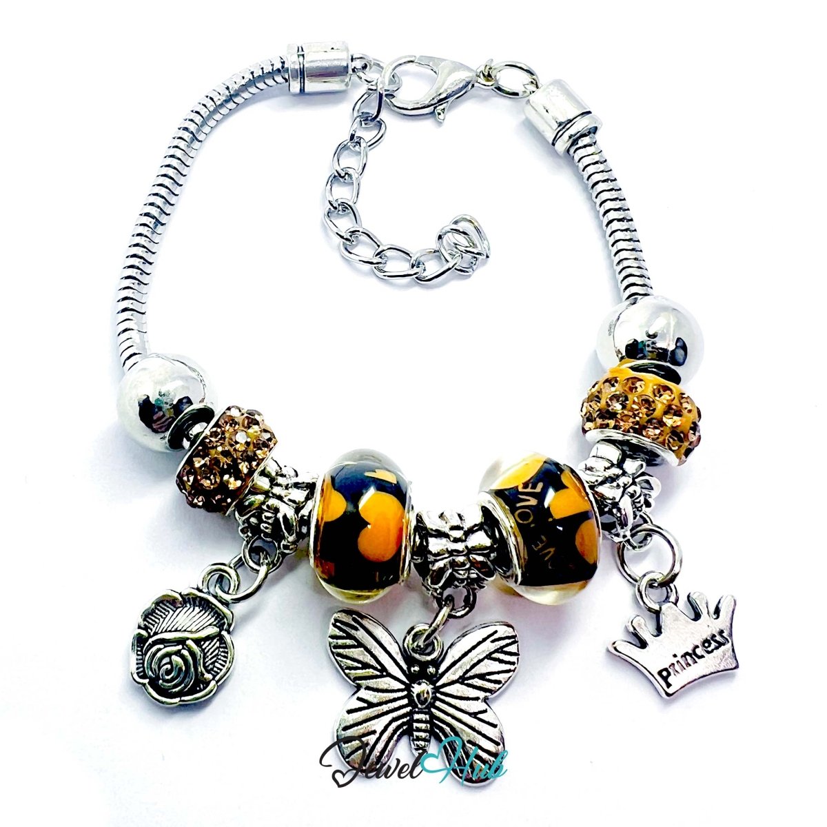 Zinc Alloy Amber Duo Bead Butterfly Rose Crown Charm Bracelet 18 - 22cm - JewelHub.co.uk