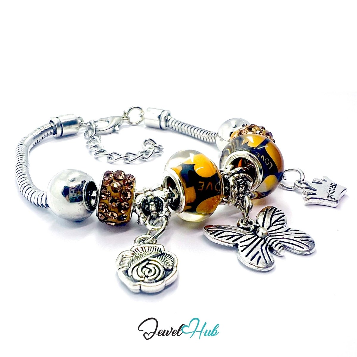 Zinc Alloy Amber Duo Bead Butterfly Rose Crown Charm Bracelet 18 - 22cm - JewelHub.co.uk