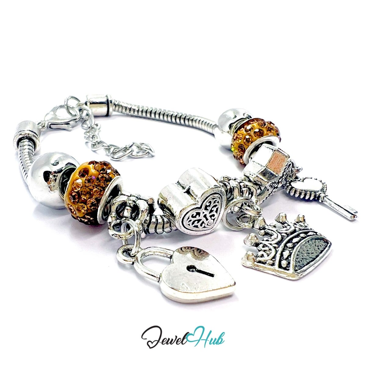 Zinc Alloy Amber Sparkle Crystal Crown Key Lock Charm Bracelet 18 - 22cm - JewelHub.co.uk