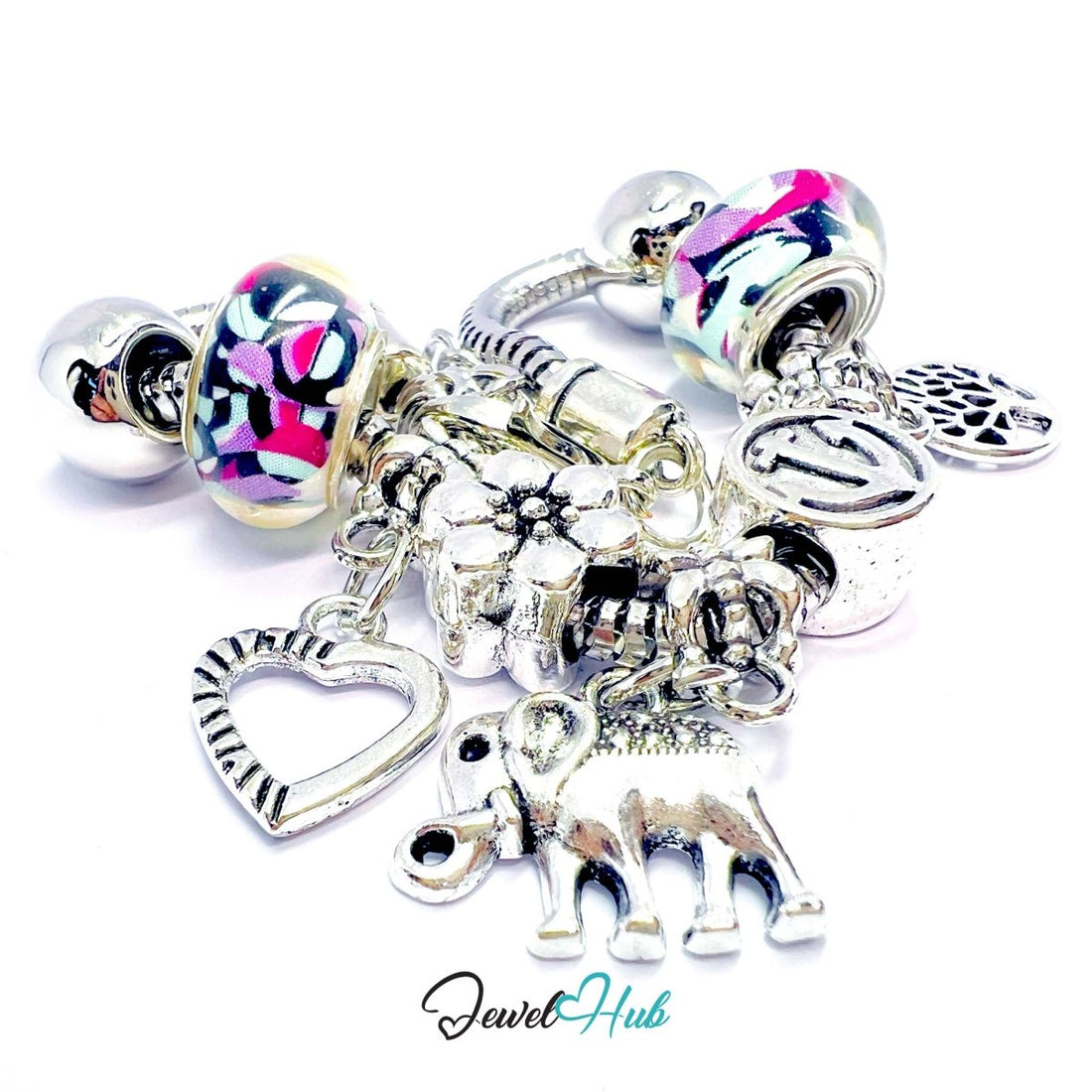 Zinc Alloy Aurora Bead Elephant Tree Heart Charm Bracelet 18–22cm - JewelHub.co.uk