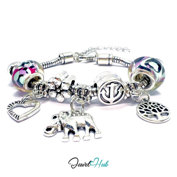Zinc Alloy Aurora Bead Elephant Tree Heart Charm Bracelet 18–22cm - JewelHub.co.uk