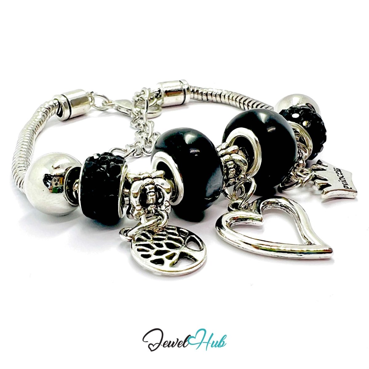 Zinc Alloy Black Double Bead Heart Crown Charm Bracelet 18–22cm - JewelHub.co.uk