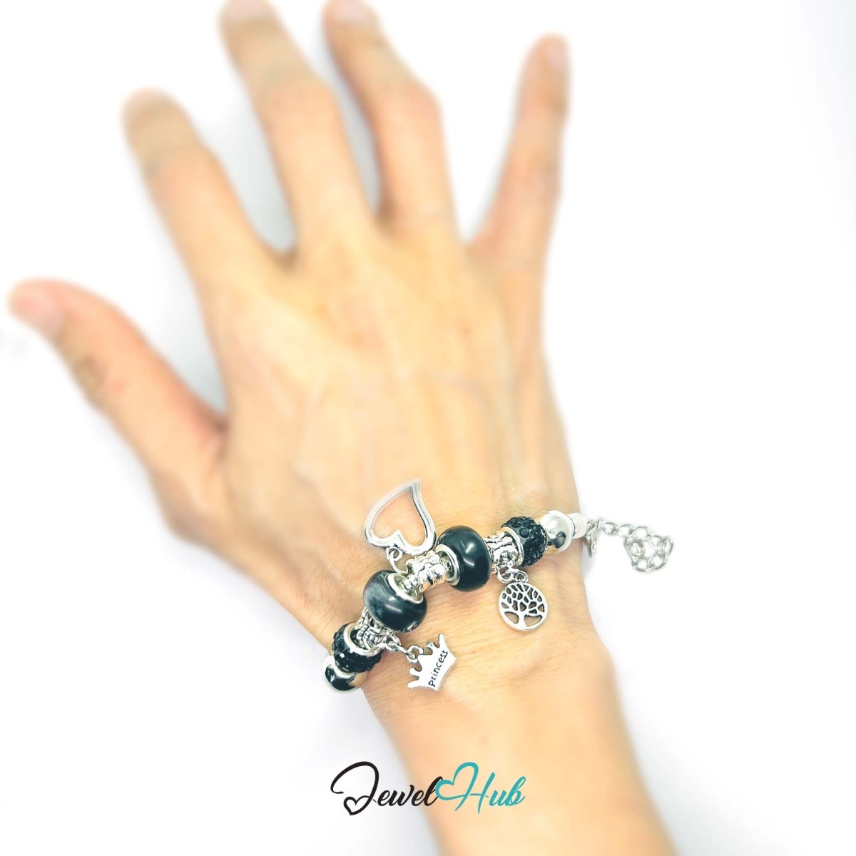 Zinc Alloy Black Double Bead Heart Crown Charm Bracelet 18–22cm - JewelHub.co.uk