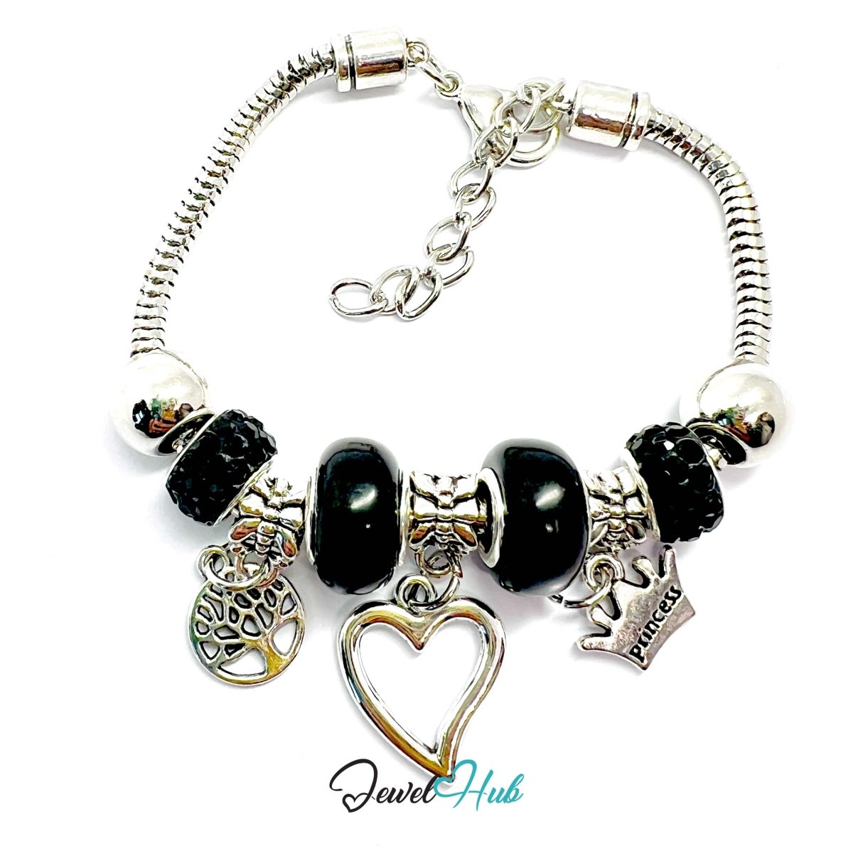 Zinc Alloy Black Double Bead Heart Crown Charm Bracelet 18–22cm - JewelHub.co.uk