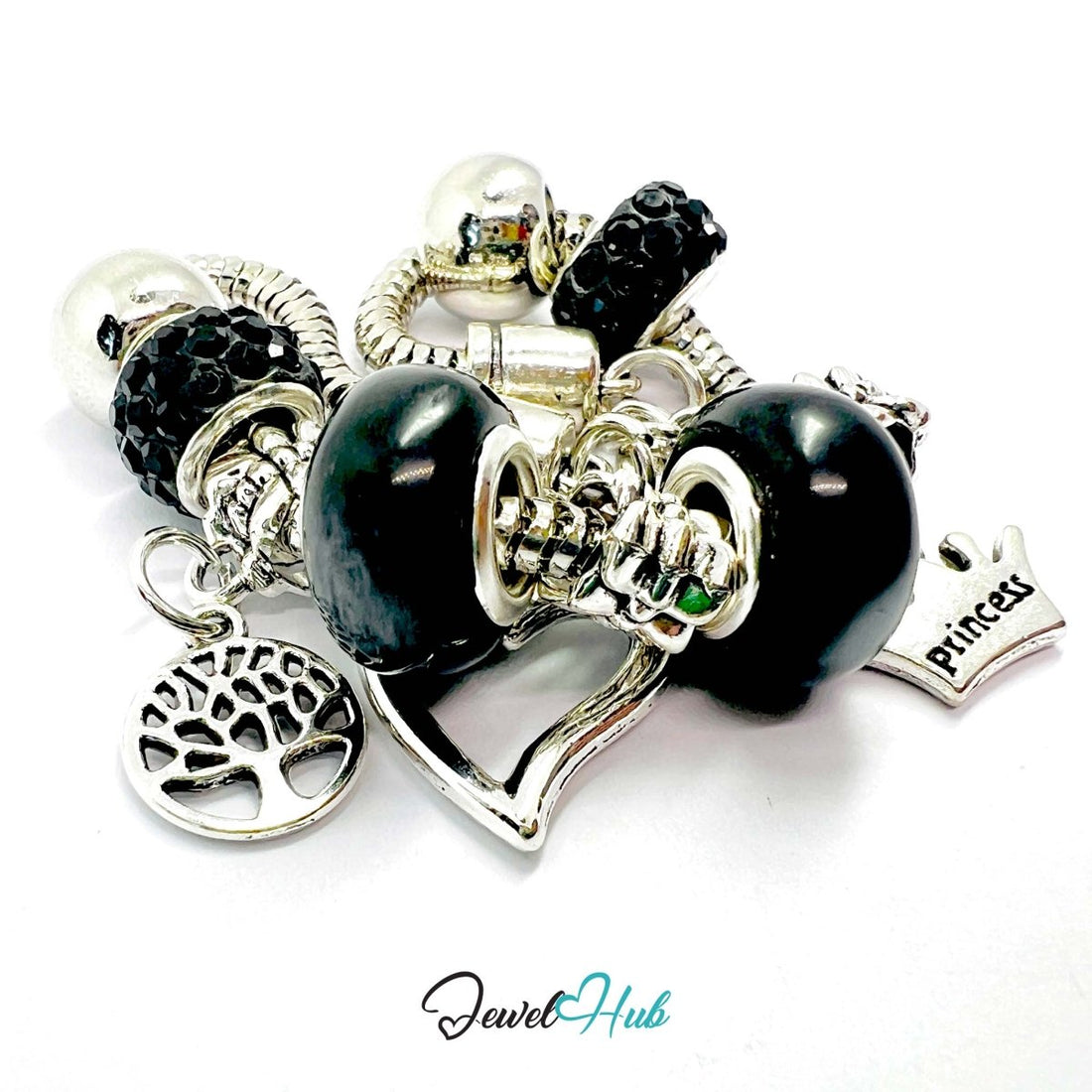 Zinc Alloy Black Double Bead Heart Crown Charm Bracelet 18–22cm - JewelHub.co.uk