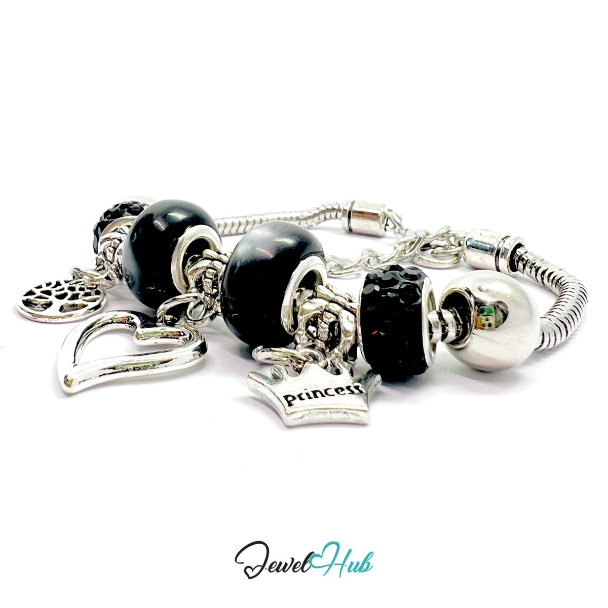 Zinc Alloy Black Double Bead Heart Crown Charm Bracelet 18–22cm - JewelHub.co.uk