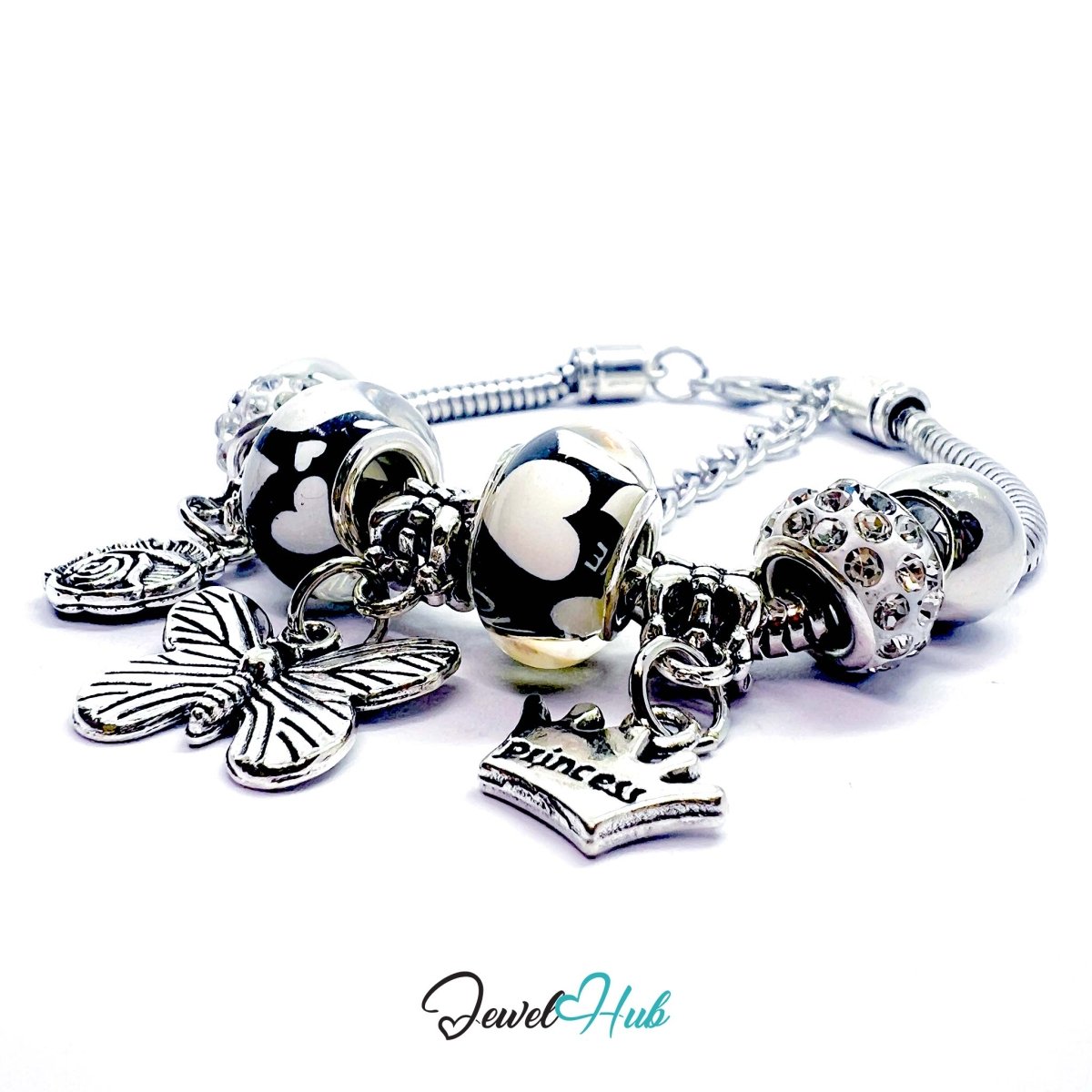 Zinc Alloy Black Duo Bead Butterfly Rose Crown Charm Bracelet 18 - 22cm - JewelHub.co.uk