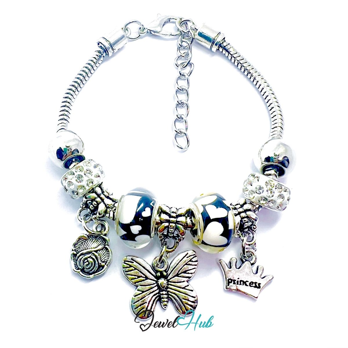 Zinc Alloy Black Duo Bead Butterfly Rose Crown Charm Bracelet 18 - 22cm - JewelHub.co.uk