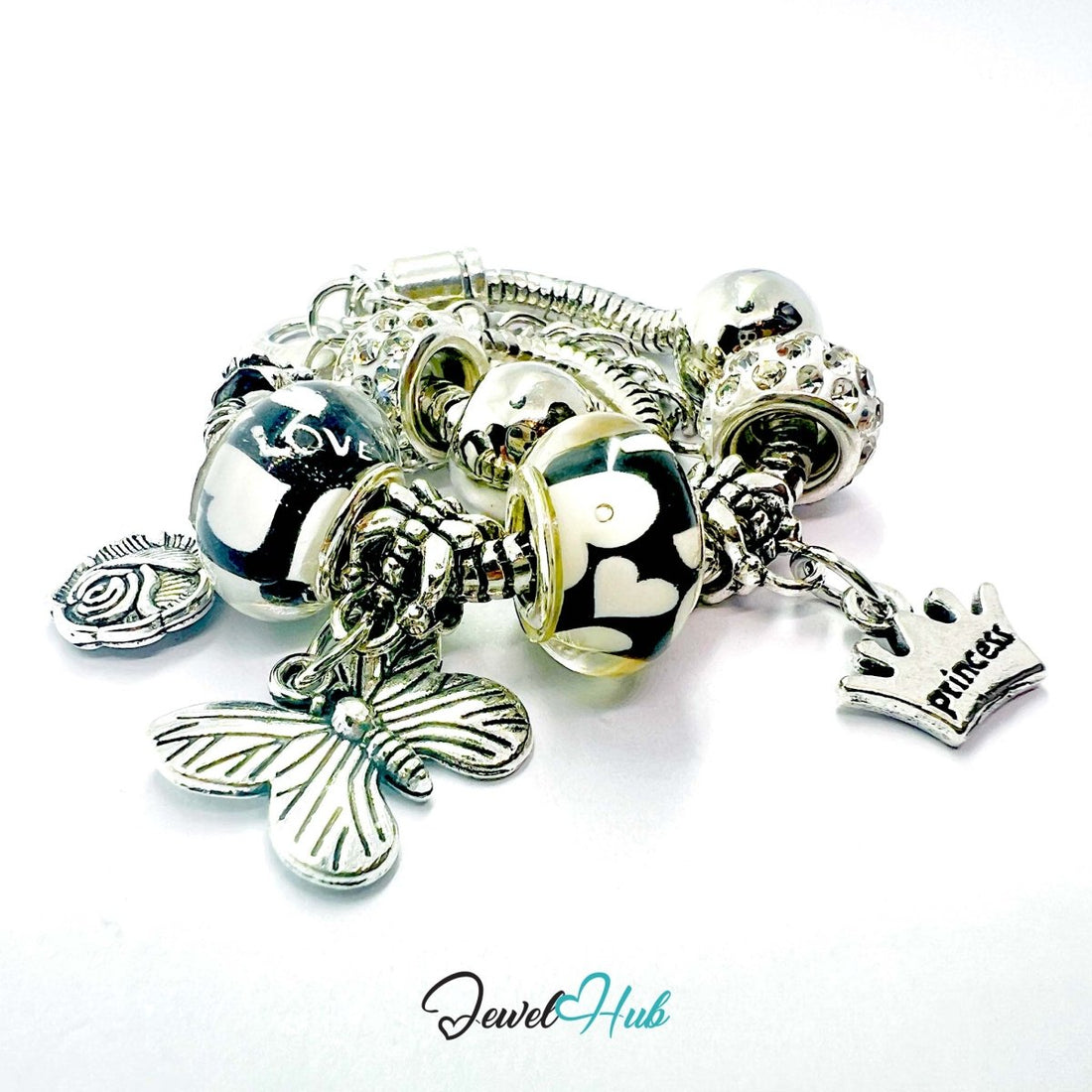 Zinc Alloy Black Duo Bead Butterfly Rose Crown Charm Bracelet 18 - 22cm - JewelHub.co.uk