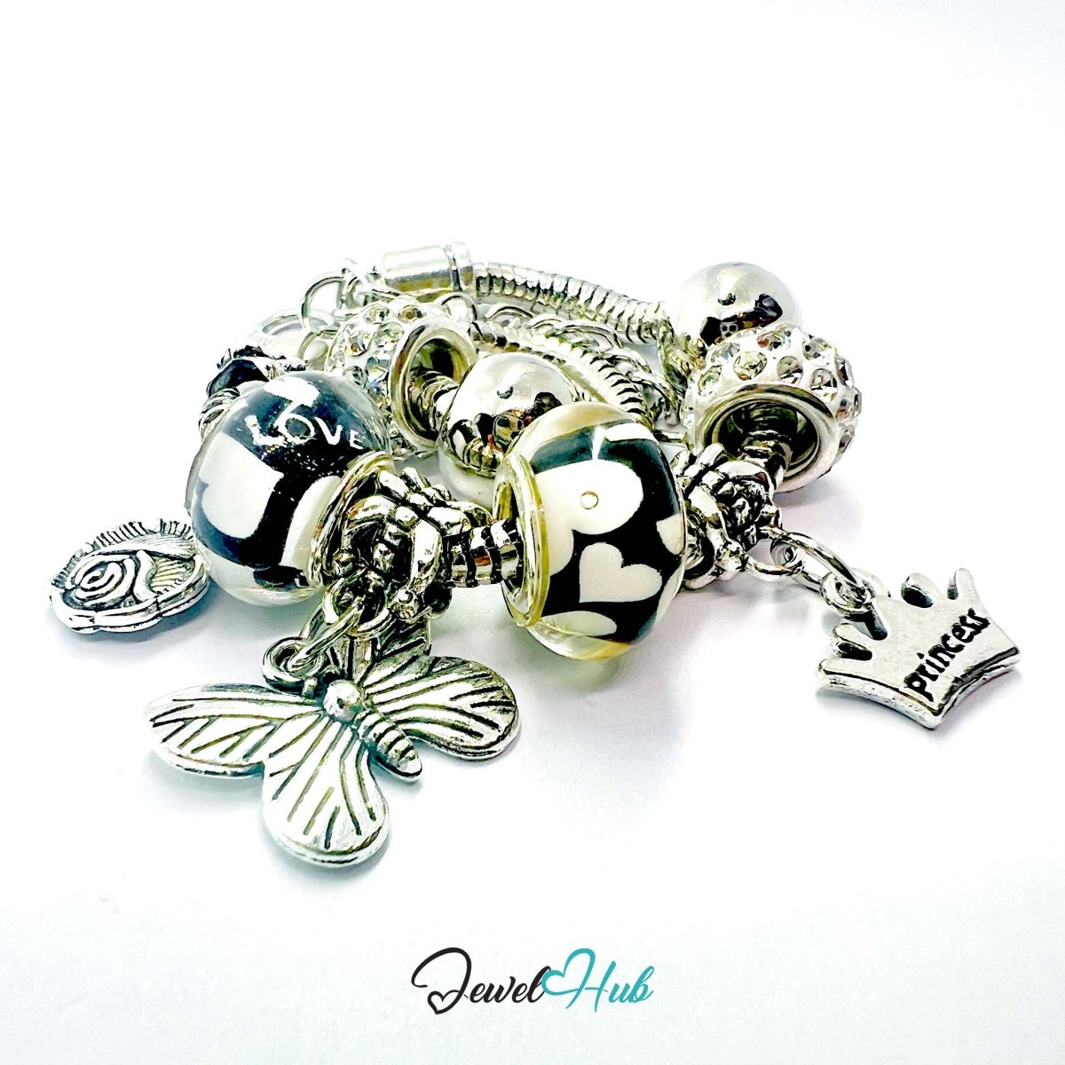 Zinc Alloy Black Duo Bead Butterfly Rose Crown Charm Bracelet 18 - 22cm - JewelHub.co.uk