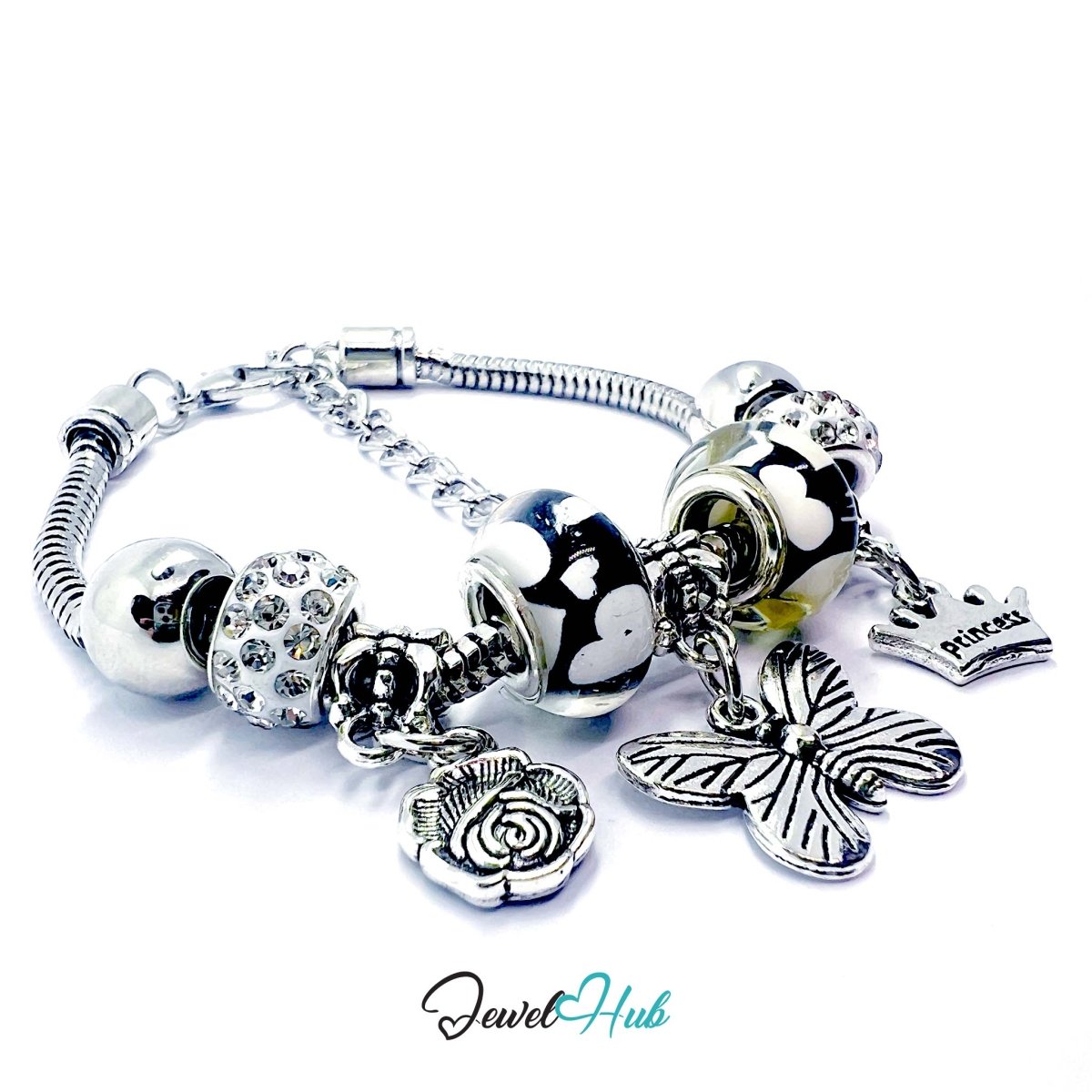 Zinc Alloy Black Duo Bead Butterfly Rose Crown Charm Bracelet 18 - 22cm - JewelHub.co.uk
