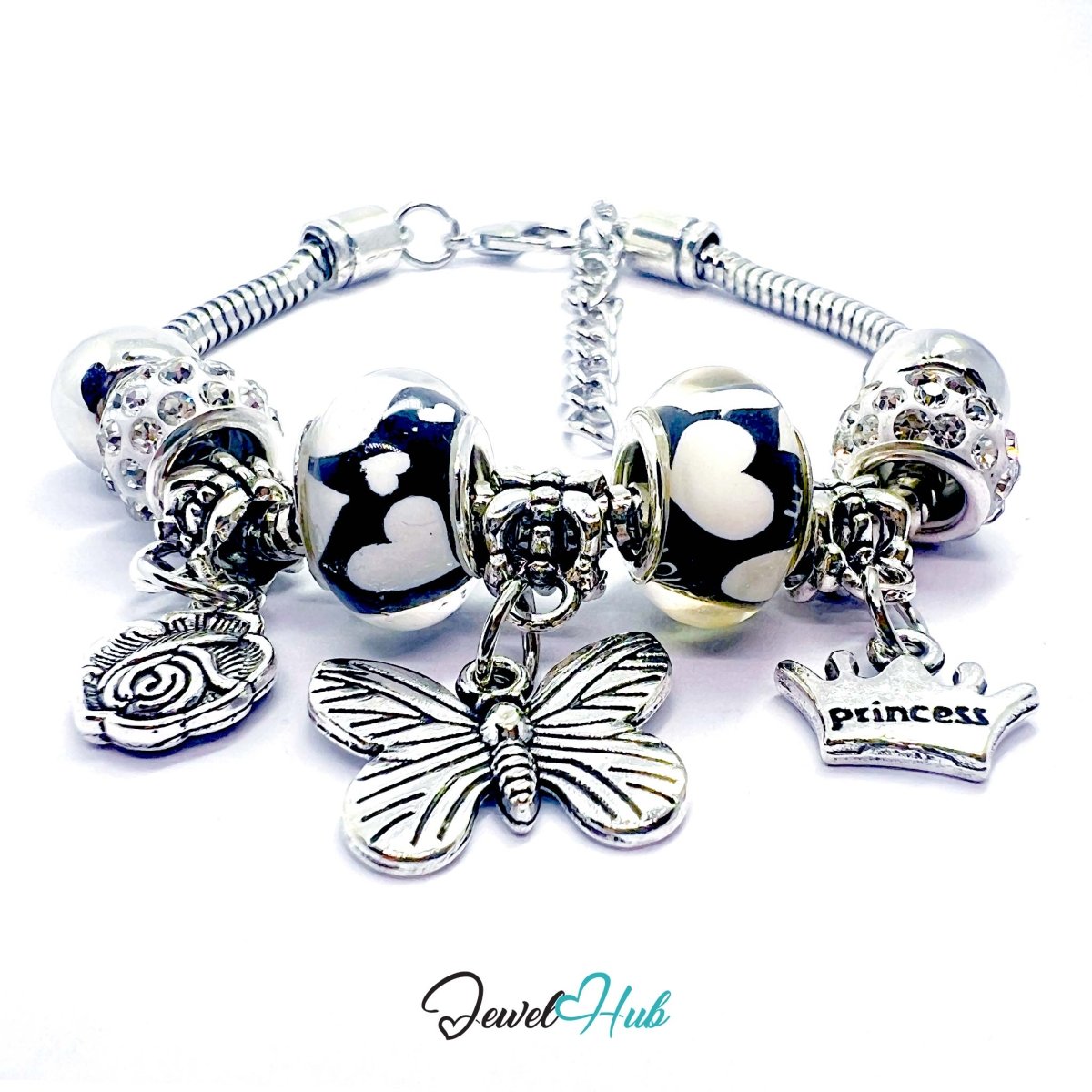 Zinc Alloy Black Duo Bead Butterfly Rose Crown Charm Bracelet 18 - 22cm - JewelHub.co.uk