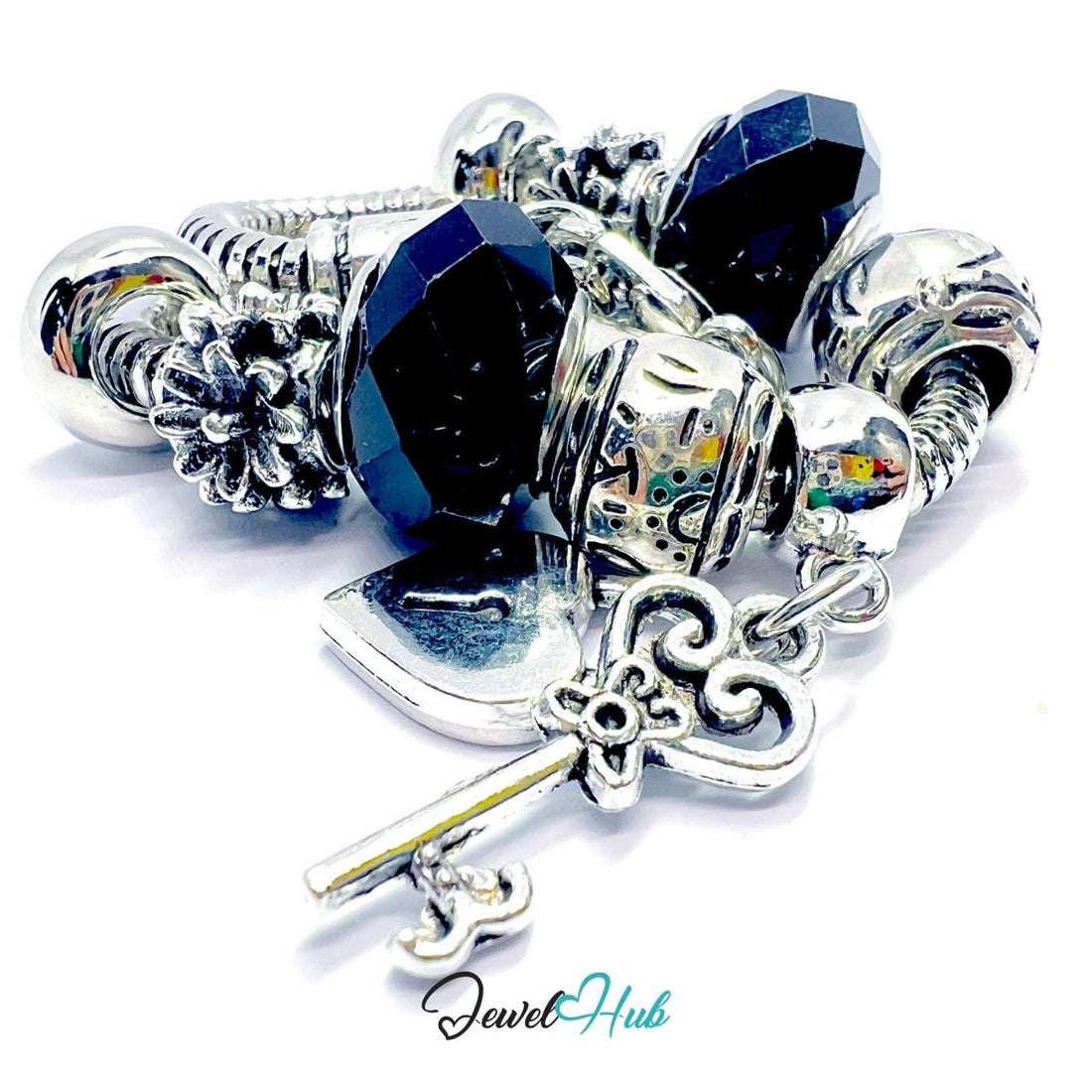 Zinc Alloy Black Gem - Style Silver Charm Bracelet with Key & Lock 18–22cm - JewelHub.co.uk