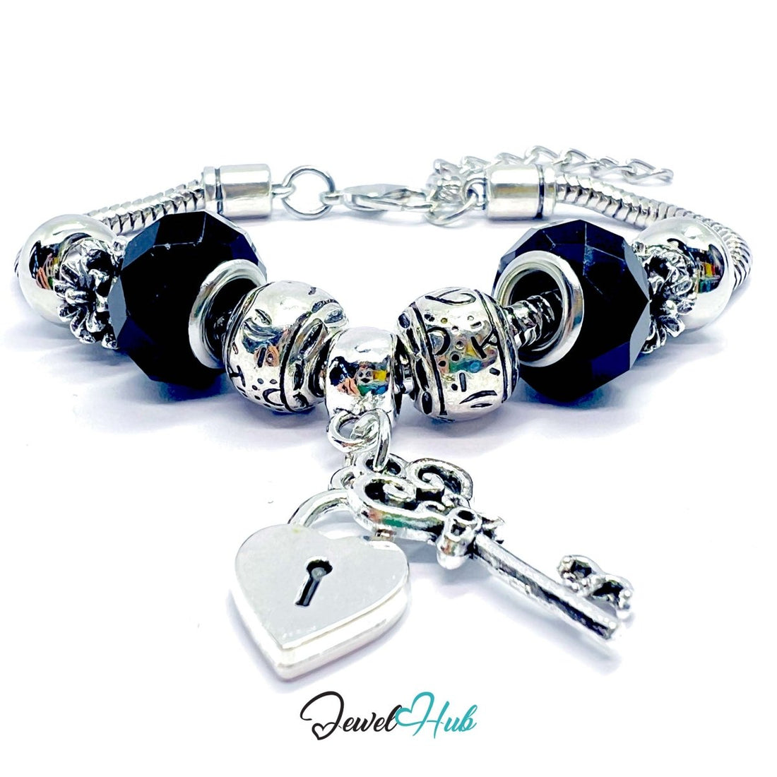 Zinc Alloy Black Gem - Style Silver Charm Bracelet with Key & Lock 18–22cm - JewelHub.co.uk