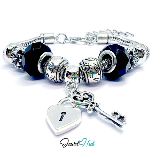 Zinc Alloy Black Gem - Style Silver Charm Bracelet with Key & Lock 18–22cm - JewelHub.co.uk