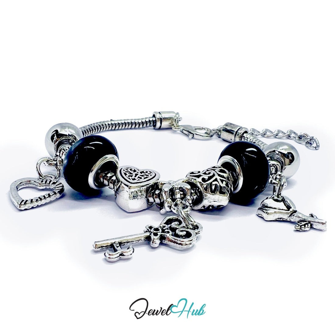 Zinc Alloy Black Rounded Bead Silver Bracelet with Heart & Key 18–22cm - JewelHub.co.uk
