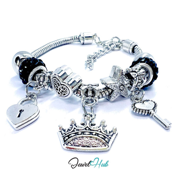 Zinc Alloy Black Sparkle Crystal Crown Key Lock Charm Bracelet 18 - 22cm - JewelHub.co.uk