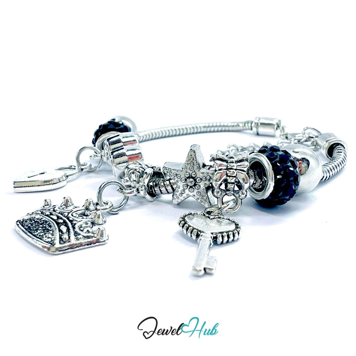 Zinc Alloy Black Sparkle Crystal Crown Key Lock Charm Bracelet 18 - 22cm - JewelHub.co.uk