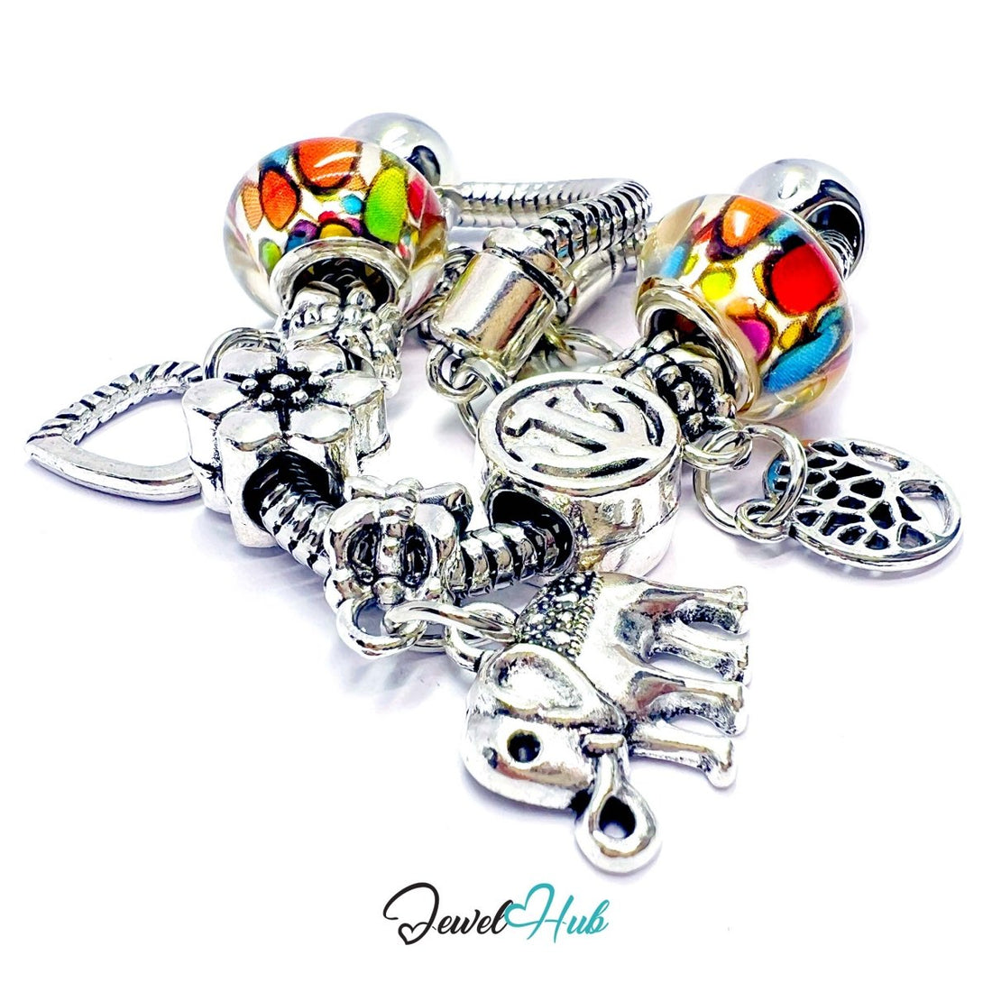 Bracelet with colorful beads and silver charms on a white background, branded 'Jewel Hub'.