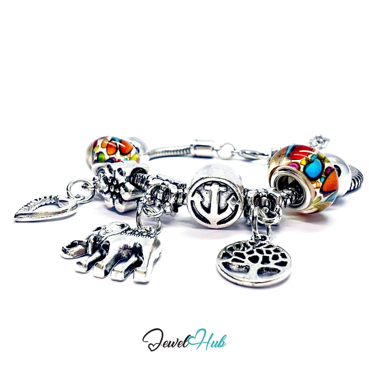 Zinc Alloy Confetti Bead Elephant Tree Heart Charm Bracelet 18–22cm - JewelHub.co.uk