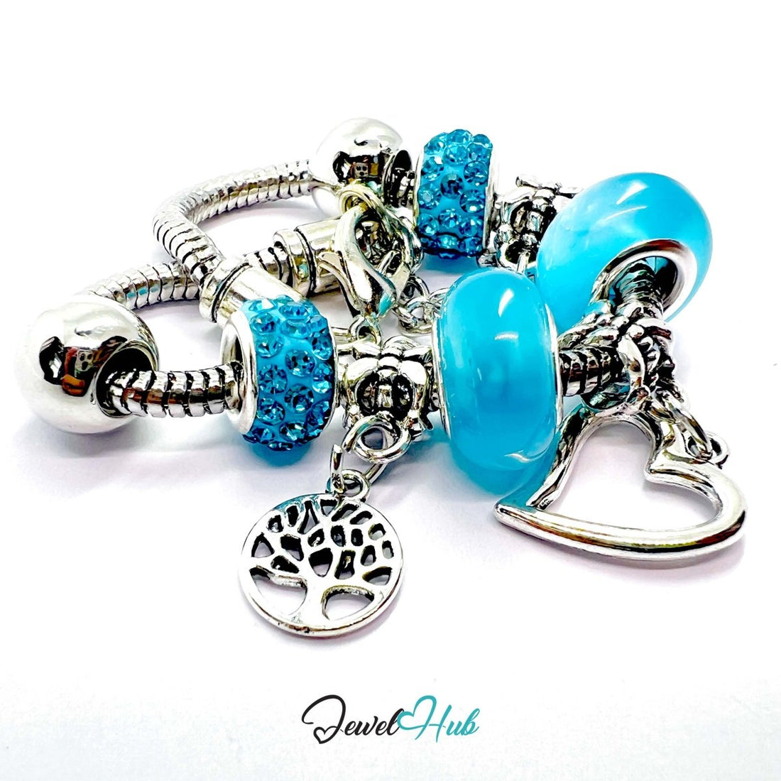 Zinc Alloy Cyan Double Bead Heart Crown Charm Bracelet 18–22cm - JewelHub.co.uk