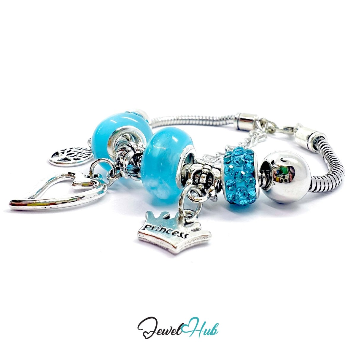 Zinc Alloy Cyan Double Bead Heart Crown Charm Bracelet 18–22cm - JewelHub.co.uk