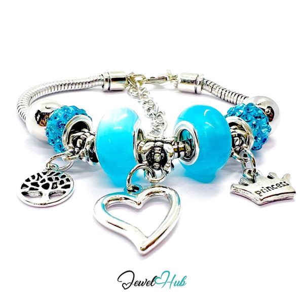 Zinc Alloy Cyan Double Bead Heart Crown Charm Bracelet 18–22cm - JewelHub.co.uk