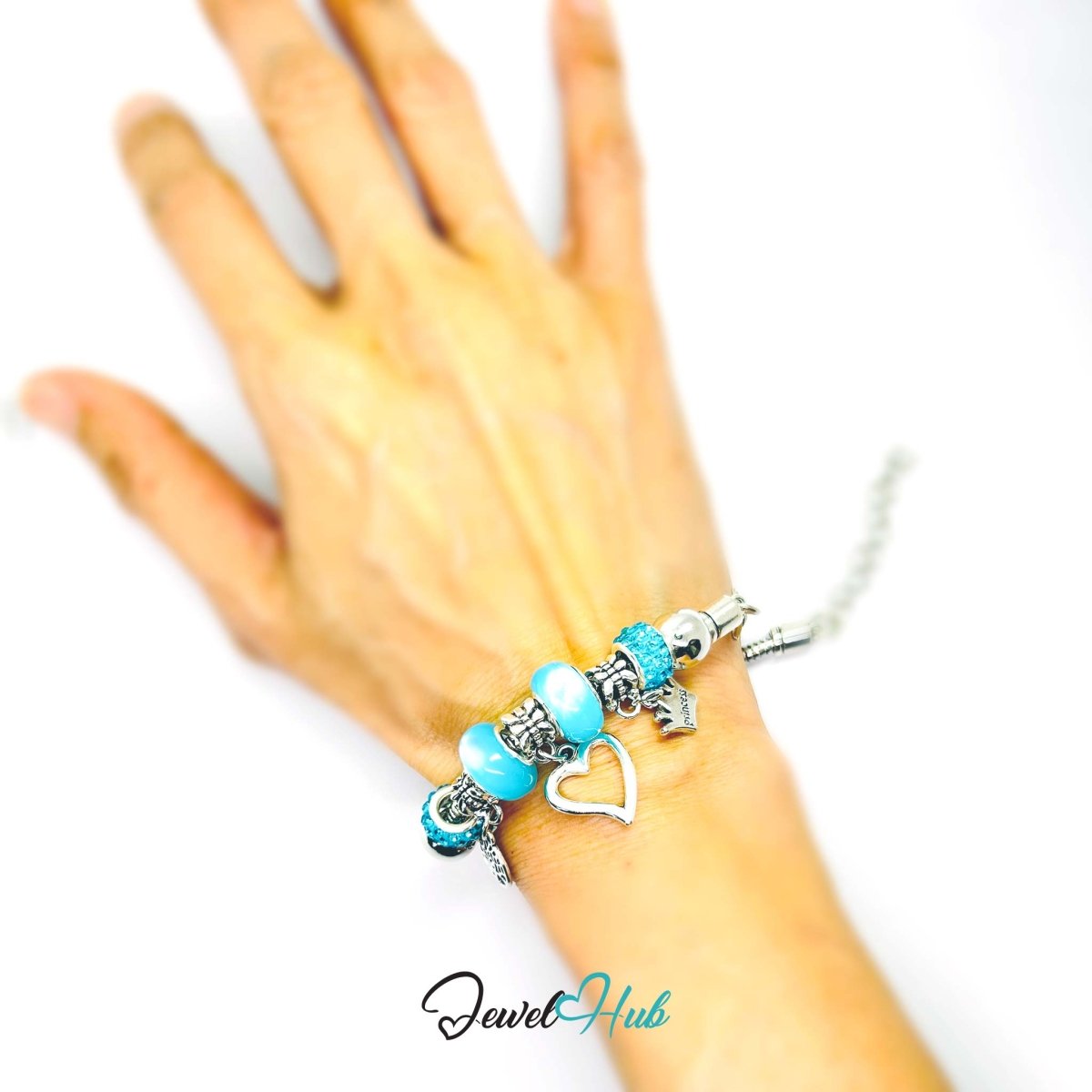 Zinc Alloy Cyan Double Bead Heart Crown Charm Bracelet 18–22cm - JewelHub.co.uk