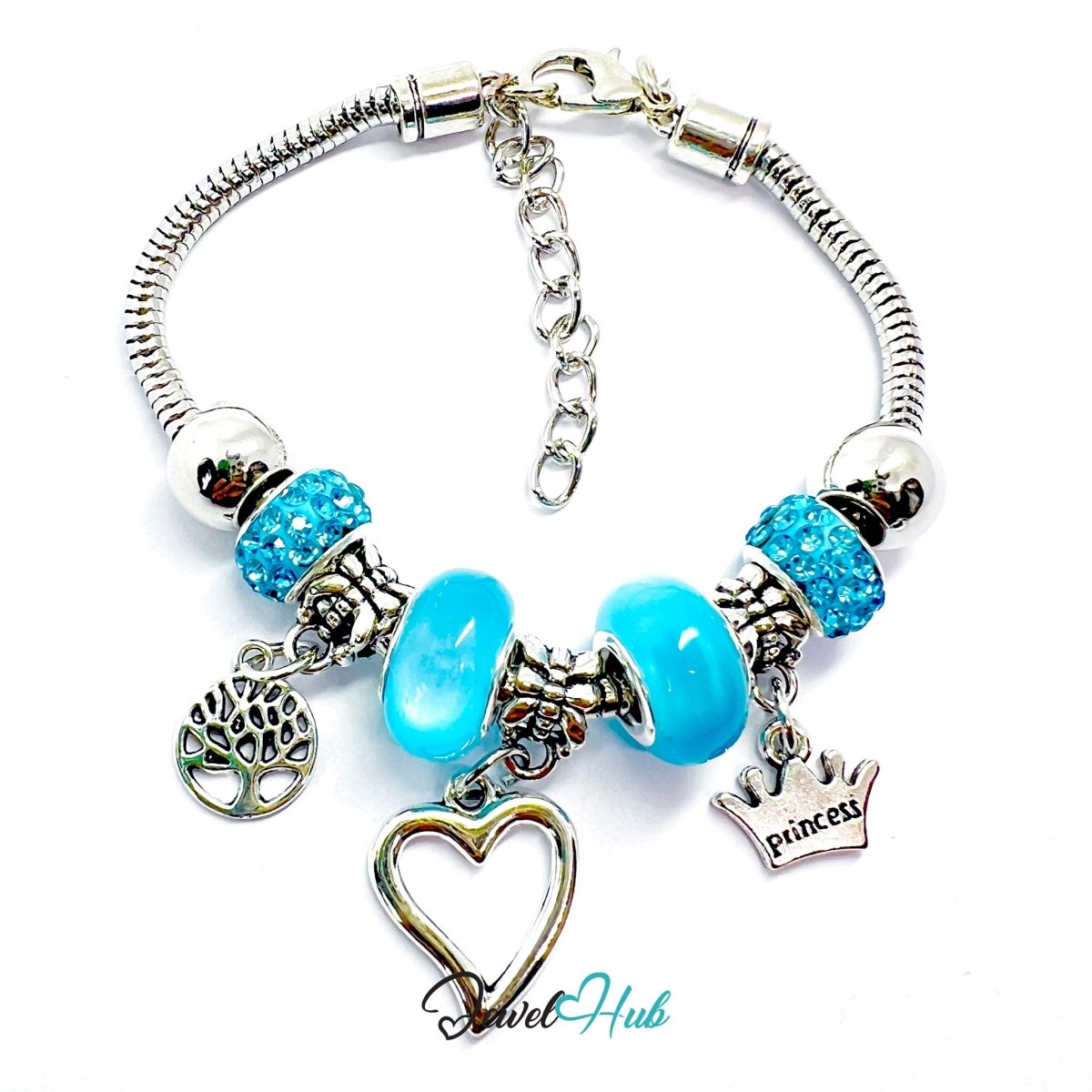 Zinc Alloy Cyan Double Bead Heart Crown Charm Bracelet 18–22cm - JewelHub.co.uk