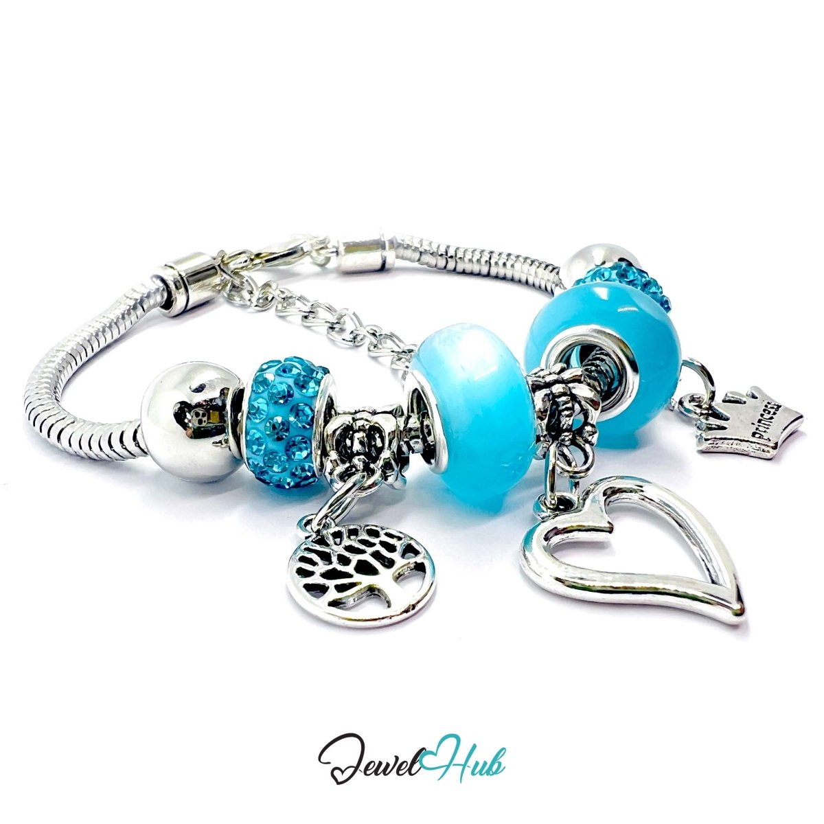 Zinc Alloy Cyan Double Bead Heart Crown Charm Bracelet 18–22cm - JewelHub.co.uk