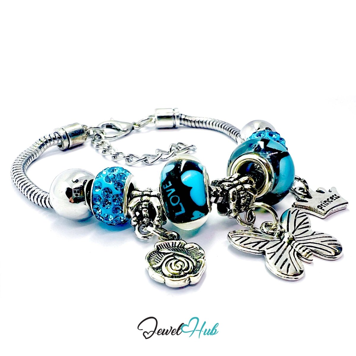Zinc Alloy Cyan Duo Bead Butterfly Rose Crown Charm Bracelet 18 - 22cm - JewelHub.co.uk