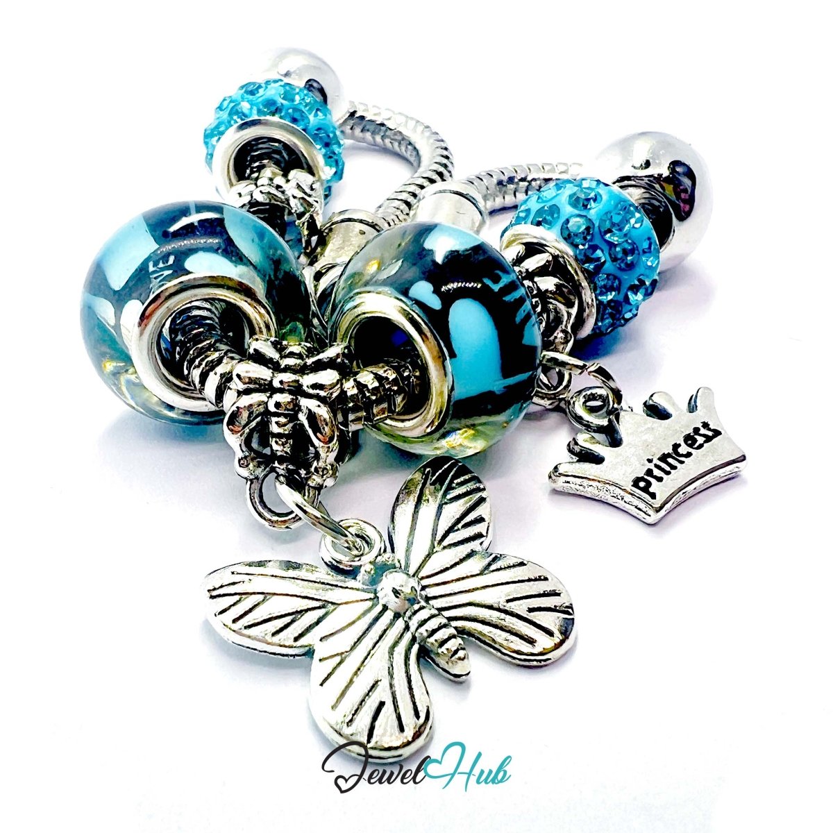 Zinc Alloy Cyan Duo Bead Butterfly Rose Crown Charm Bracelet 18 - 22cm - JewelHub.co.uk