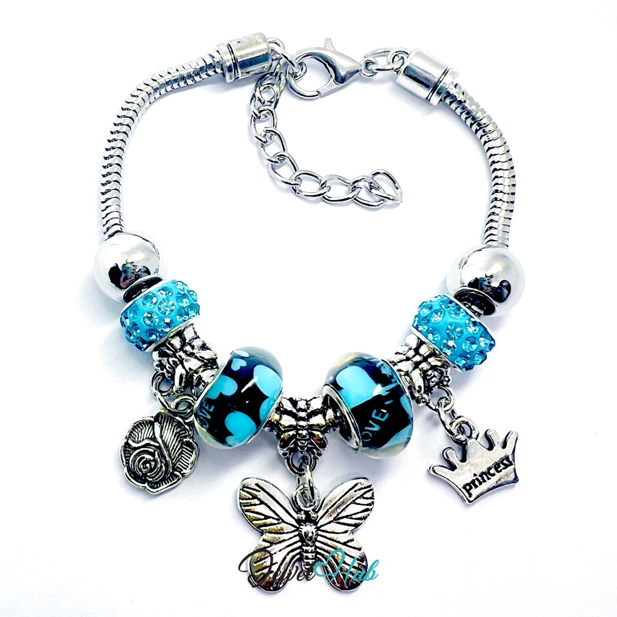 Zinc Alloy Cyan Duo Bead Butterfly Rose Crown Charm Bracelet 18 - 22cm - JewelHub.co.uk