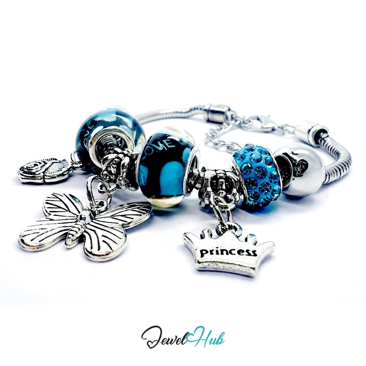 Zinc Alloy Cyan Duo Bead Butterfly Rose Crown Charm Bracelet 18 - 22cm - JewelHub.co.uk