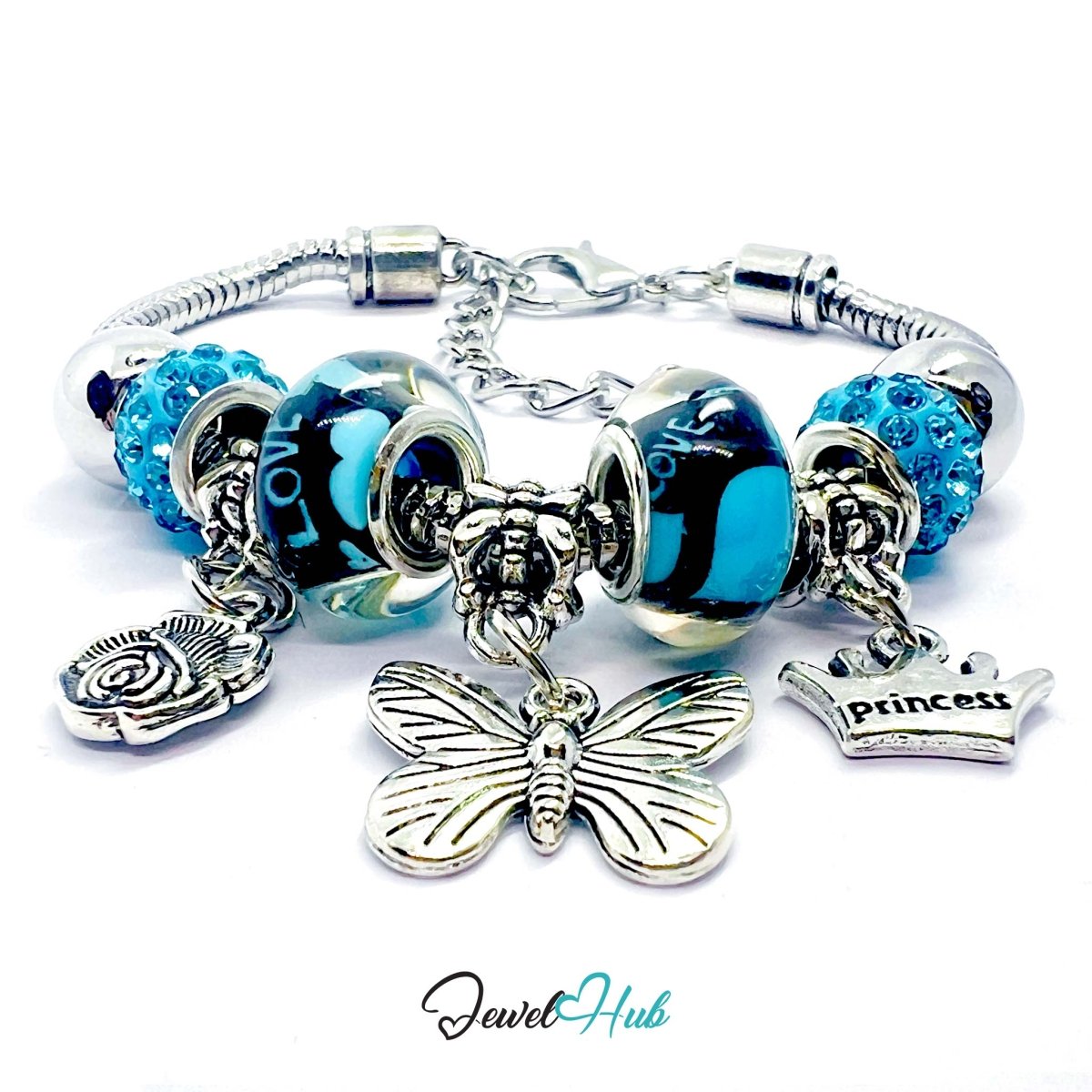 Zinc Alloy Cyan Duo Bead Butterfly Rose Crown Charm Bracelet 18 - 22cm - JewelHub.co.uk
