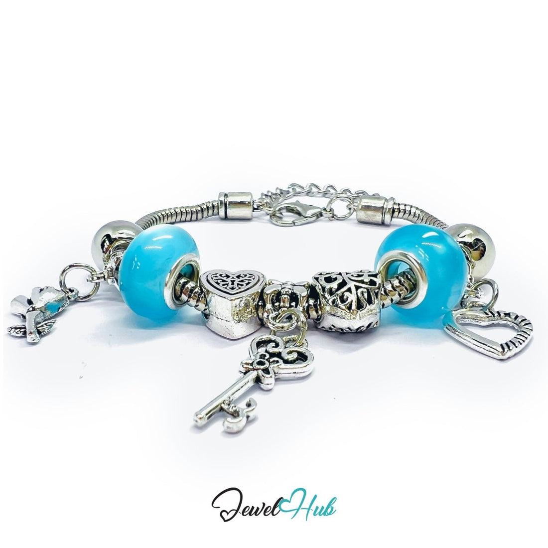 Zinc Alloy Cyan Rounded Bead Silver Bracelet with Heart & Key 18–22cm - JewelHub.co.uk