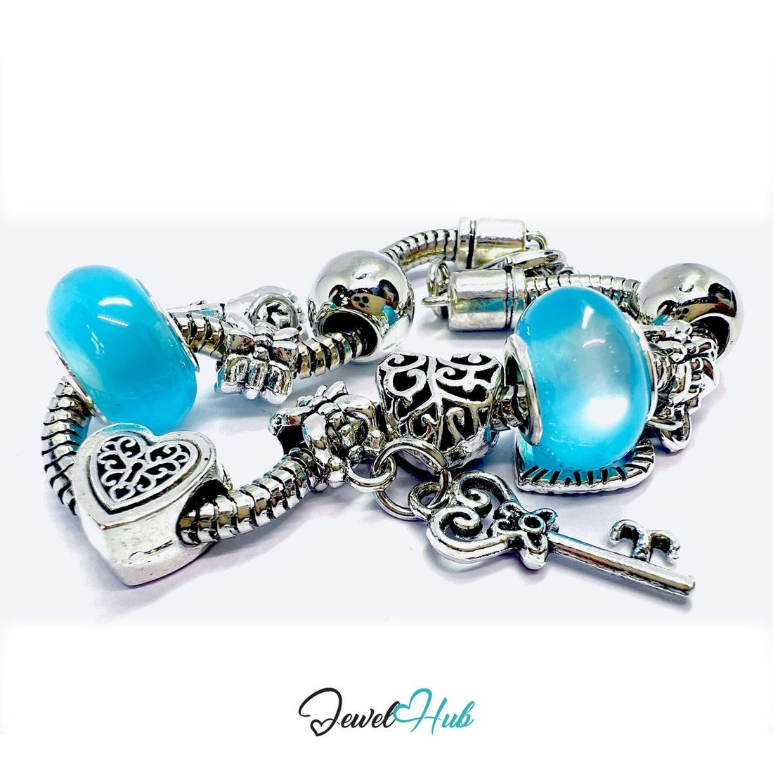 Zinc Alloy Cyan Rounded Bead Silver Bracelet with Heart & Key 18–22cm - JewelHub.co.uk