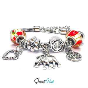 Zinc Alloy Floral Bead Elephant Tree Heart Charm Bracelet 18–22cm - JewelHub.co.uk