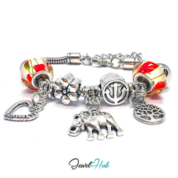 Zinc Alloy Floral Bead Elephant Tree Heart Charm Bracelet 18–22cm - JewelHub.co.uk