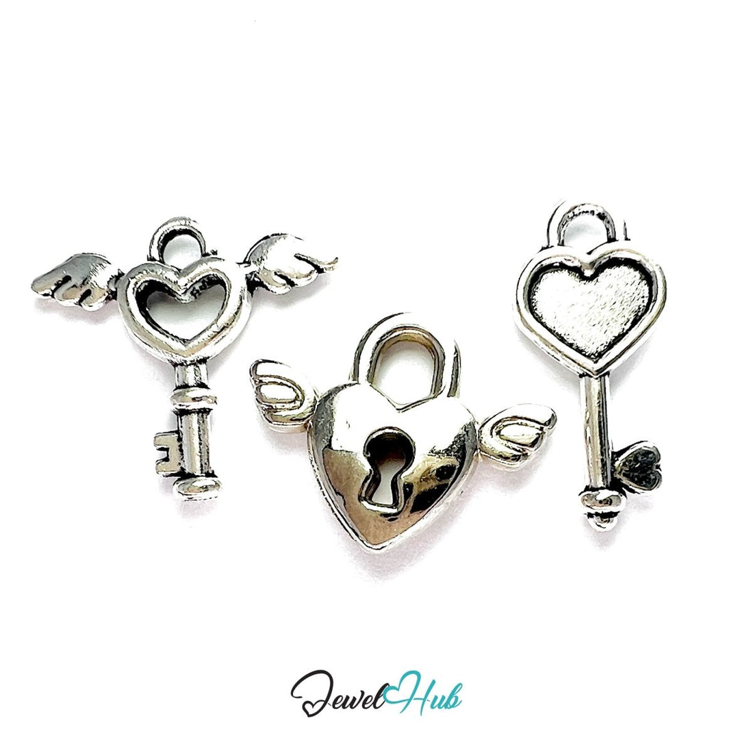 Zinc Alloy Love Lock Wings Silver Charms (Set of 3) - JewelHub.co.uk