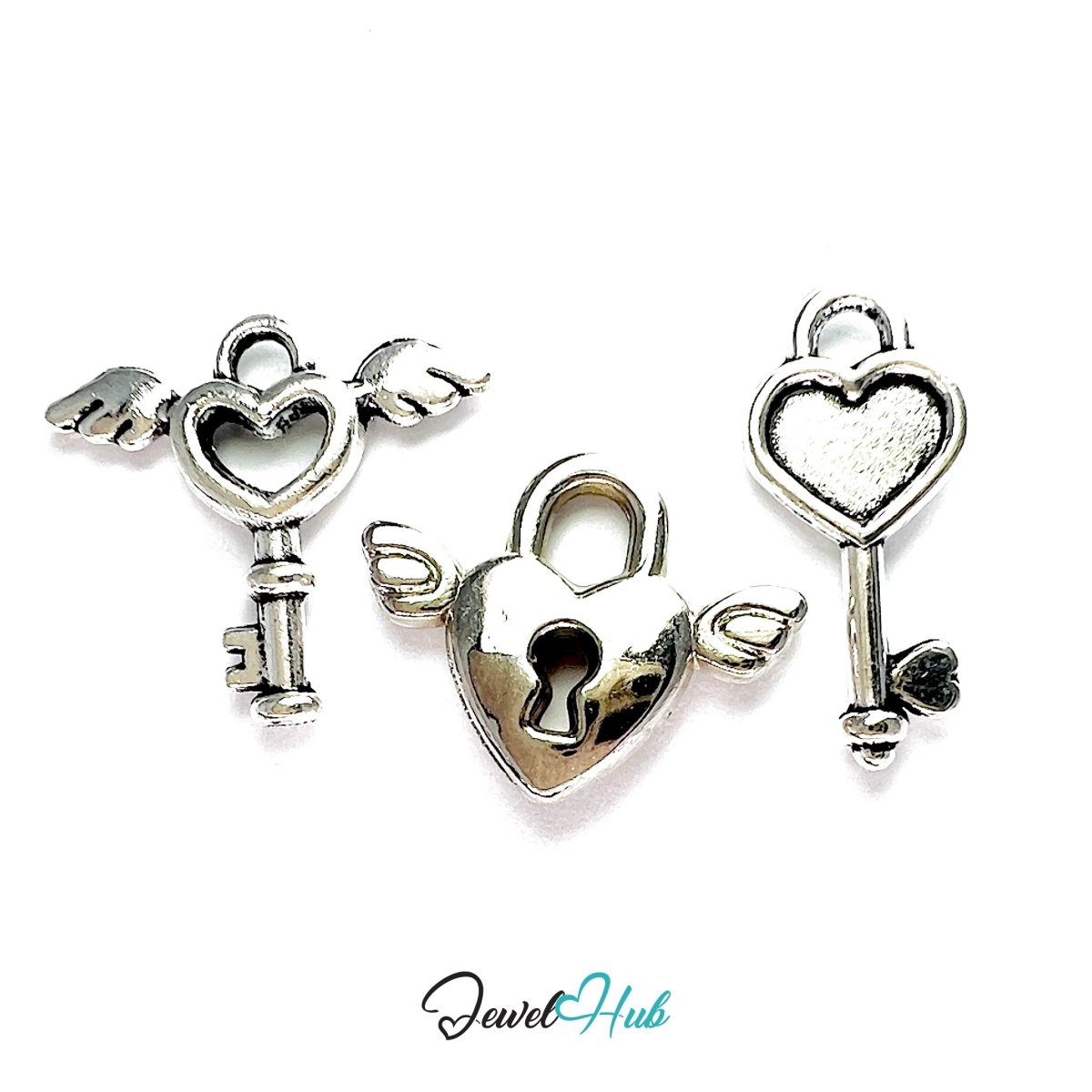 Zinc Alloy Love Lock Wings Silver Charms (Set of 3) - JewelHub.co.uk
