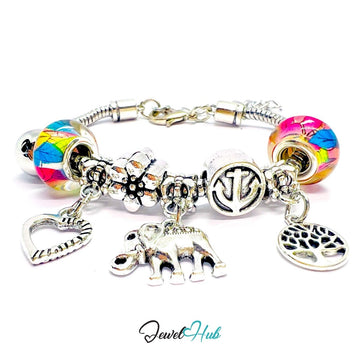 Zinc Alloy Mosaic Bead Elephant Tree Heart Charm Bracelet 18–22cm - JewelHub.co.uk