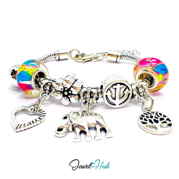 Zinc Alloy Mosaic Bead Elephant Tree Heart Charm Bracelet 18–22cm - JewelHub.co.uk